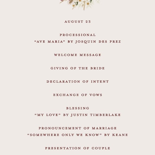 This is a cabernet unique wedding programs with standard by Erin Deegan called dried floral wreath printing on signature in standard