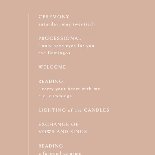 This is a terracotta unique wedding programs with standard by Kelly Schmidt called overlap printing on signature in standard