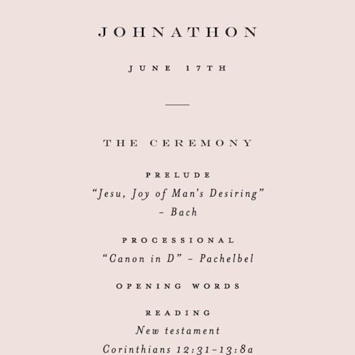 This is a blushing unique wedding programs with standard by Carolyn Nicks called softly swept printing on signature in 4x9