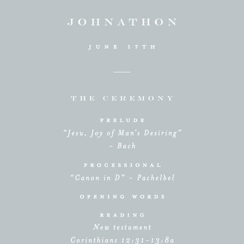 This is a dusty blue unique wedding programs with standard by Carolyn Nicks called softly swept printing on signature in 4x9