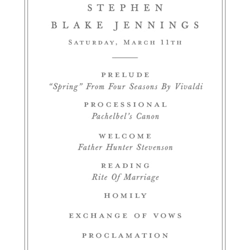 This is a ivory unique wedding programs with standard by Amy Kross called crawford printing on signature in 4x9