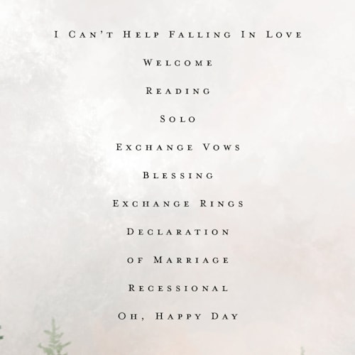 This is a forest unique wedding programs with standard by Petra Kern called montagna printing on signature in standard