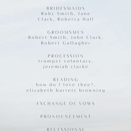 This is a sky unique wedding programs with standard by Nicole Walsh called calm water printing on signature in standard