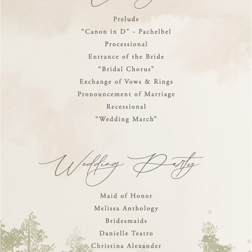 This is a lake unique wedding programs with standard by Robert and Stella called aspen printing on signature in standard