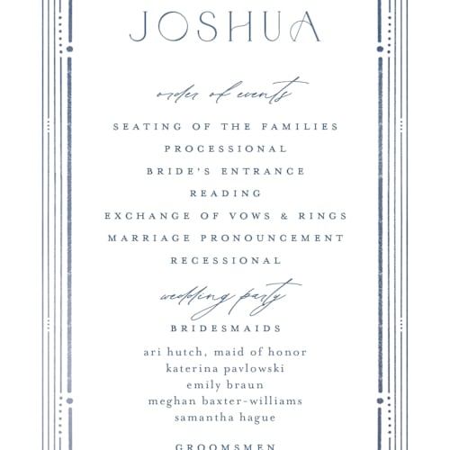 This is a delphinium unique wedding programs with standard by Ashley DeMeyere called nouveau frame printing on signature in standard