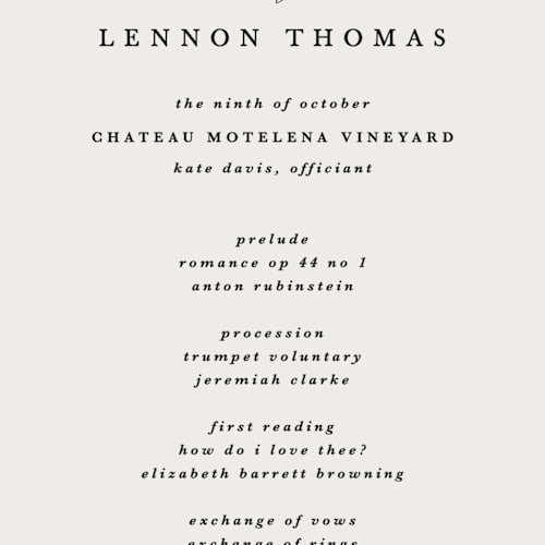 This is a creme unique wedding programs with standard by Kate Ahn called tuscan hill printing on signature in standard