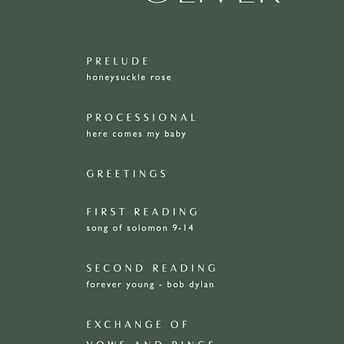 This is a forest unique wedding programs with standard by Kelly Schmidt called flip printing on signature in 4x9