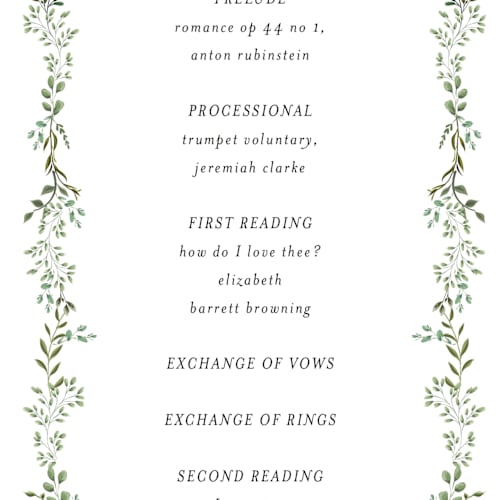 This is a mojito unique wedding programs with standard by Susan Moyal called monogramed arch printing on signature in standard