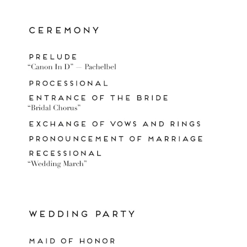 This is a tuxedo unique wedding programs with standard by Genna Blackburn called the script printing on signature in 4x9