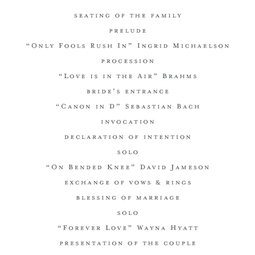 This is a pearl unique wedding programs with standard by chocomocacino called scamorza printing on signature in 4x9