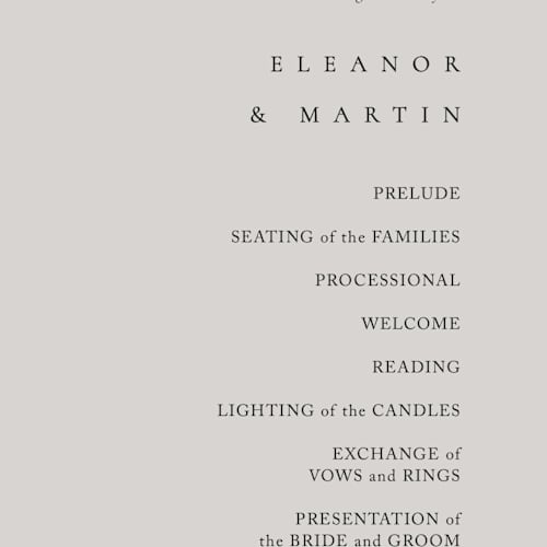 This is a mist unique wedding programs with standard by Kelly Schmidt called corner printing on signature in 4x9