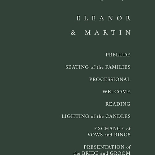 This is a forest unique wedding programs with standard by Kelly Schmidt called corner printing on signature in 4x9