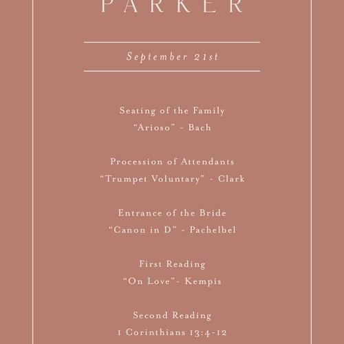 This is a dusty rose unique wedding programs with standard by Stacey Meacham called warm affection printing on signature in standard