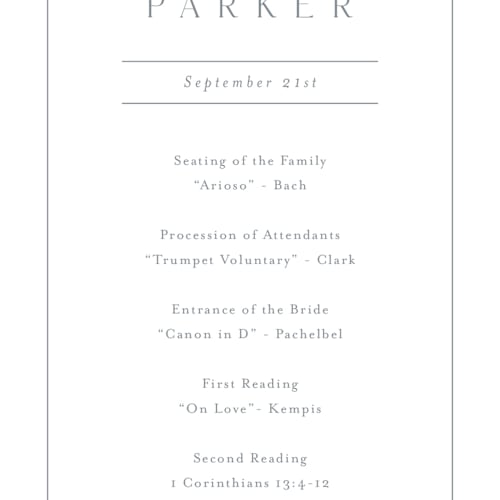 This is a dusty blue unique wedding programs with standard by Stacey Meacham called warm affection printing on signature in 4x9