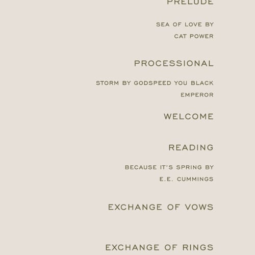 This is a vanilla bean unique wedding programs with standard by Pati Cascino called eisin printing on signature in 4x9