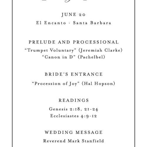 This is a noir unique wedding programs with standard by Kimberly FitzSimons called sincerity printing on signature in 4x9