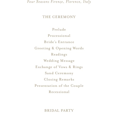 This is a champagne unique wedding programs with standard by Jennifer Postorino called empire printing on signature in 4x9