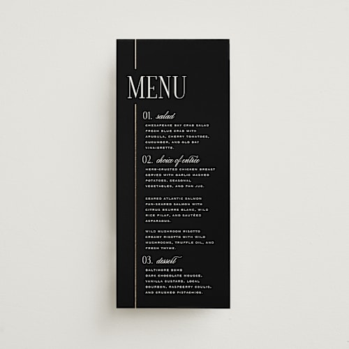 This is a silk menu cards with foil pressed by Laura Hankins called linear printing on signature in 4x9