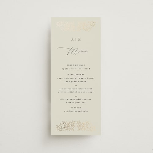 This is a taupe menu cards with foil pressed by Hannah Williams called foil botanical frame printing on signature in 4x9