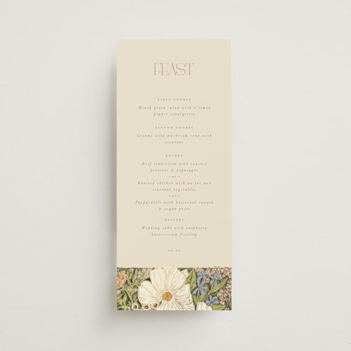 This is a sherbert menu cards with foil pressed by Leah Bisch called in the garden printing on signature in 4x9