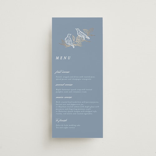 This is a cornflower menu cards with foil pressed by Grae called meet me in the garden printing on signature in 4x9