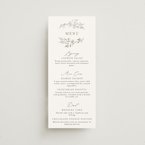 This is a tuxedo menu cards with foil pressed by Erin L. Wilson called meadow printing on signature in 4x9