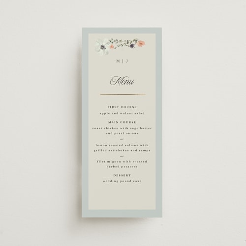This is a mist menu cards with foil pressed by Hannah Williams called blue garden printing on signature in 4x9