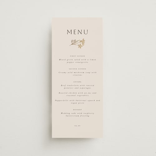 This is a champagne menu cards with foil pressed by Leah Bisch called floral border printing on signature in 4x9