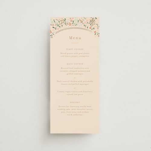This is a ivory menu cards with foil pressed by Jennifer Wick called esther's garden printing on signature in 4x9