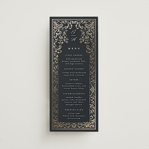 This is a onyx menu cards with foil pressed by Ana de Sousa called regency grace printing on signature in 4x9
