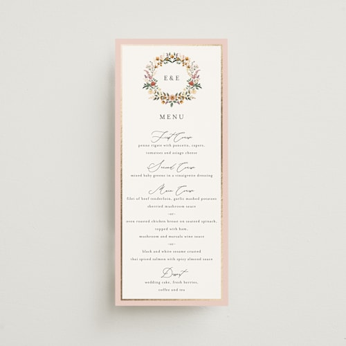This is a blush menu cards with foil pressed by Susan Moyal called blooming vine printing on signature in 4x9