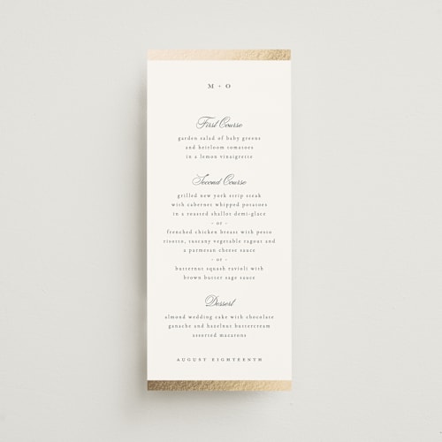 This is a quartz menu cards with foil pressed by Kristie Kern called the ritz printing on signature in 4x9
