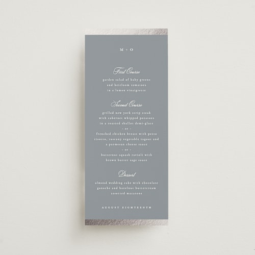 This is a fog menu cards with foil pressed by Kristie Kern called the ritz printing on signature in 4x9