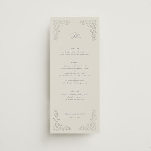 This is a something blue menu cards with foil pressed by Gwen Bedat called floral romance printing on signature in 4x9