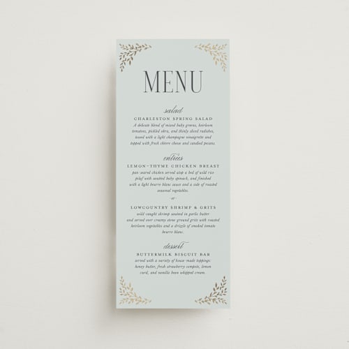 This is a mist menu cards with foil pressed by Laura Hankins called enchanted printing on signature in 4x9