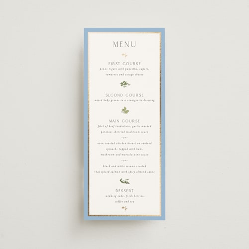 This is a coastal menu cards with foil pressed by Susan Moyal called garden whisper printing on signature in 4x9