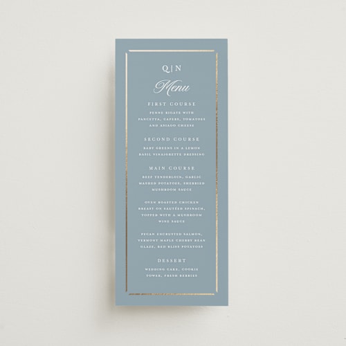 This is a dusty blue menu cards with foil pressed by Stacey Meacham called elegant bevel printing on signature in 4x9