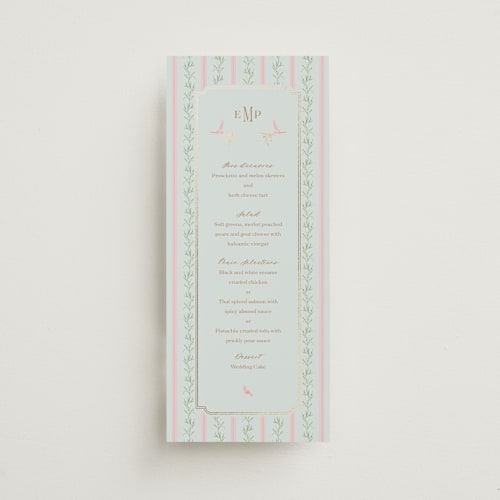 This is a hummingbird menu cards with foil pressed by Claudia Orengo called castle printing on signature in 4x9