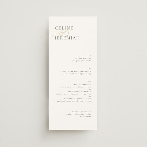 This is a silk menu cards with foil pressed by Kelly Schmidt called left align printing on signature in 4x9