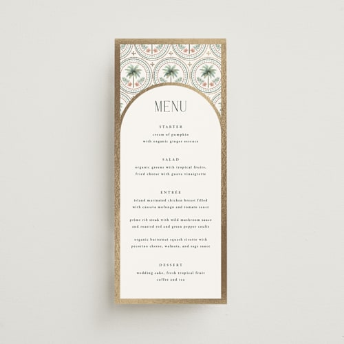 This is a sand menu cards with foil pressed by Maria Alou called vintage palms printing on signature in 4x9