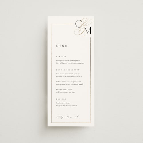 This is a silk menu cards with foil pressed by Kelly Schmidt called golden ampersand printing on signature in 4x9