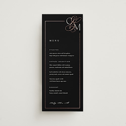 This is a midnight menu cards with foil pressed by Kelly Schmidt called golden ampersand printing on signature in 4x9