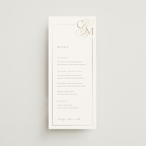 This is a golden menu cards with foil pressed by Kelly Schmidt called golden ampersand printing on signature in 4x9