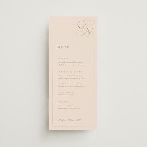 This is a champagne menu cards with foil pressed by Kelly Schmidt called golden ampersand printing on signature in 4x9