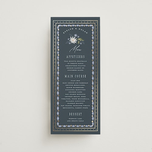 This is a periwinkle menu cards with foil pressed by Erin German called sadie printing on signature in 4x9