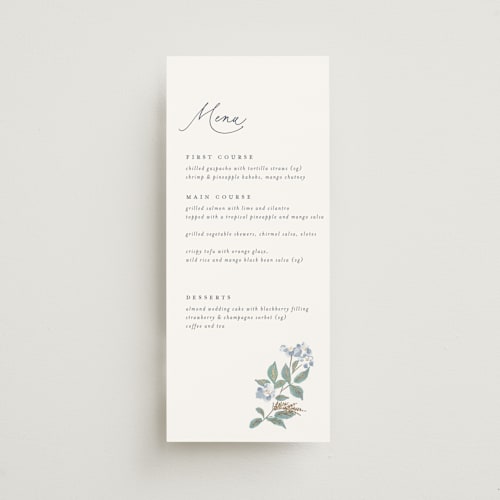 This is a sapphire menu cards with foil pressed by Olivia Raufman called climbing florals printing on signature in 4x9