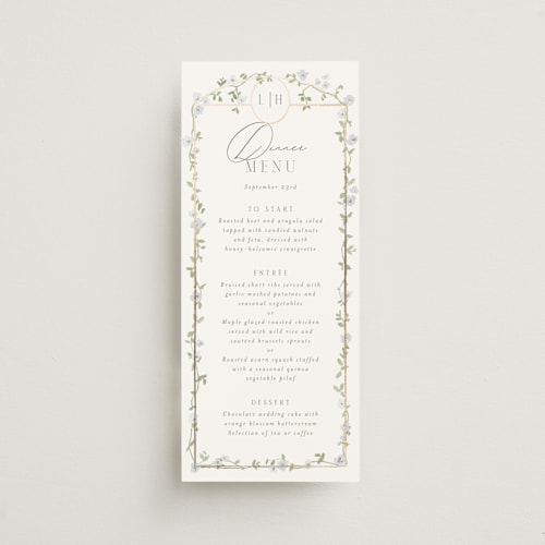 This is a blue bell menu cards with foil pressed by Everett Paper Goods called portico printing on signature in 4x9