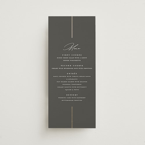 This is a iron menu cards with foil pressed by Erica Krystek called formal lines printing on signature in 4x9