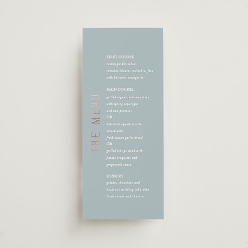 This is a provincial menu cards with foil pressed by Angela Thompson called gilded edge printing on signature in 4x9
