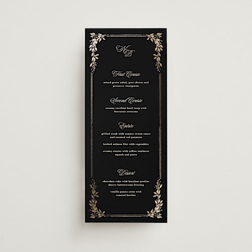 This is a obsidian menu cards with foil pressed by Kate Ahn called lake como printing on signature in 4x9